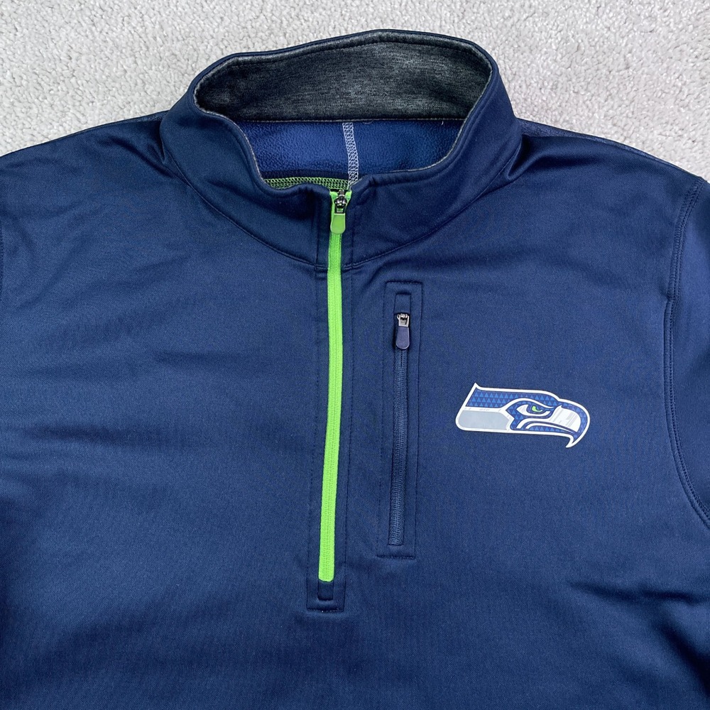 Seattle Seahawks Sweater Mens Medium Blue Majestic Cool Base Zip Pullover Fleece